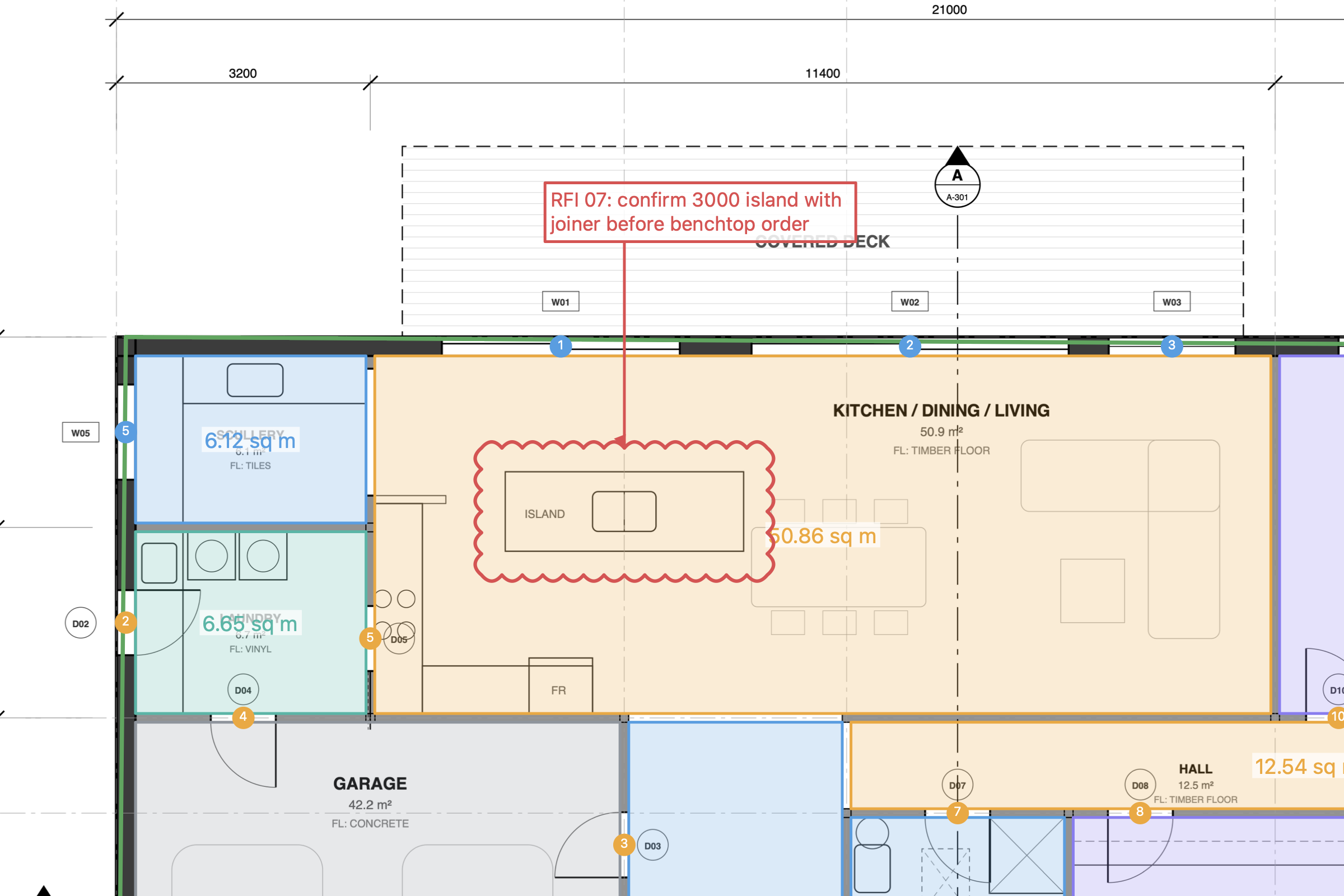 Close-up of review markups in Project Blueprint: a red revision cloud around a kitchen island with a callout reading RFI 07, confirm 3000 island with joiner before benchtop order.