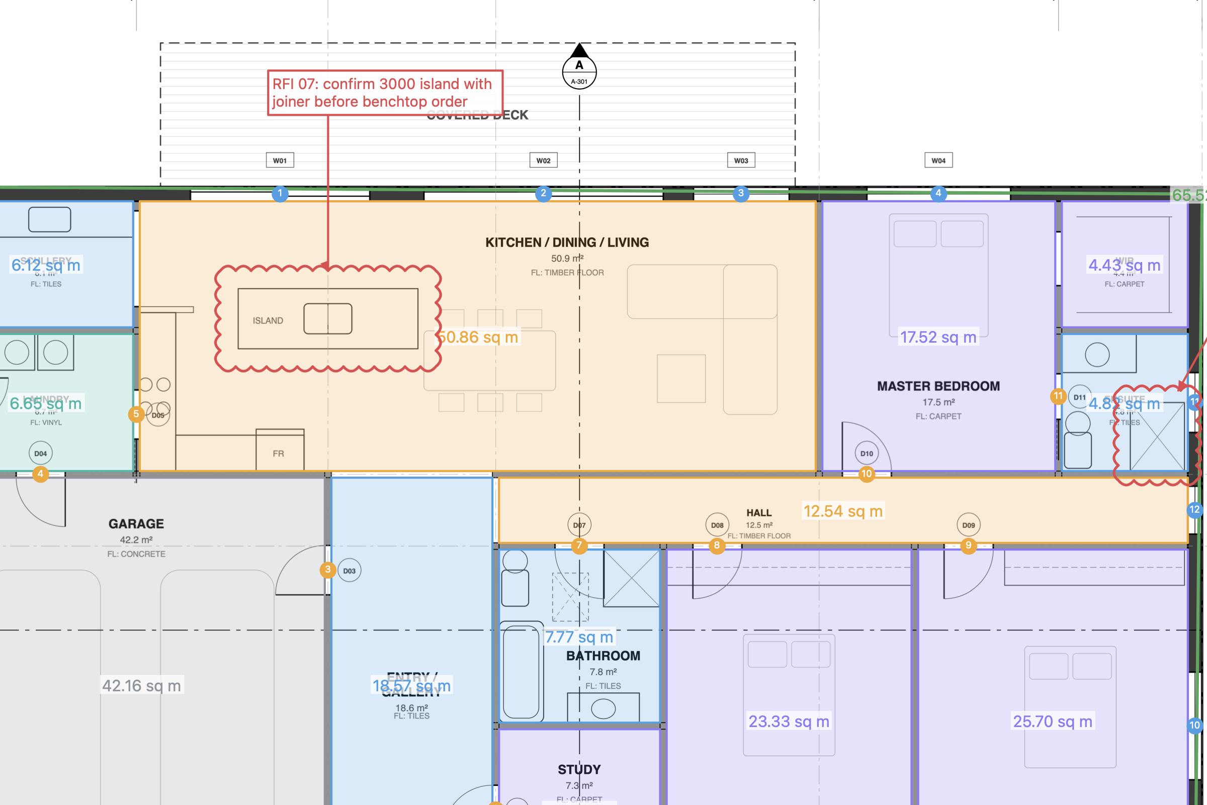 Close-up of a takeoff in Project Blueprint: rooms traced as areas in amber, blue, teal and violet by floor finish, each showing its area in square metres, with numbered door and window counts.